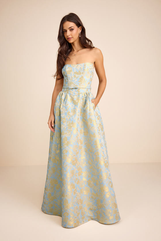 Bradshaw Light Blue and Yellow Floral Jacquard Maxi Dress