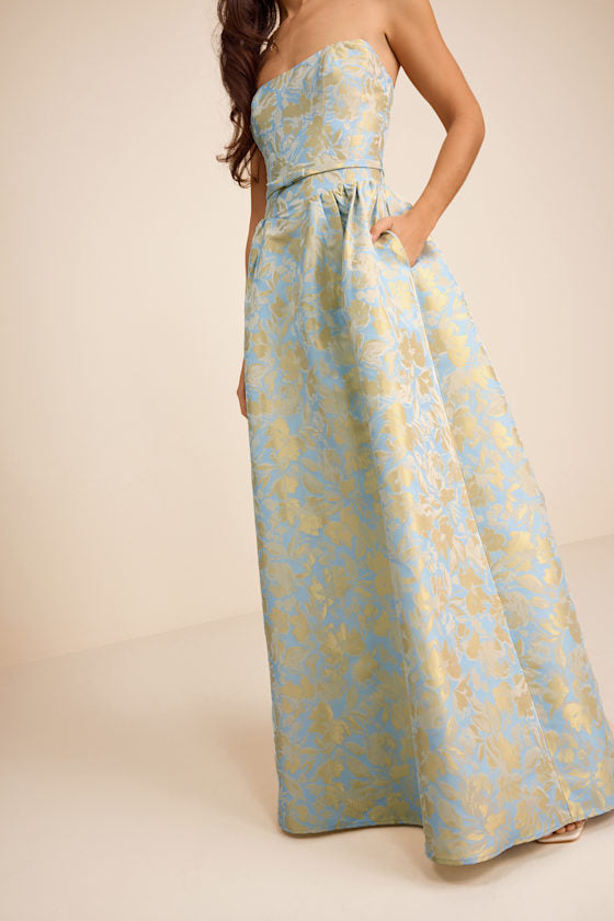 Bradshaw Light Blue and Yellow Floral Jacquard Maxi Dress
