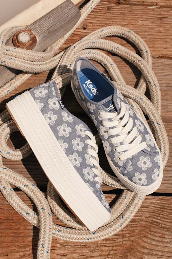 Triple Up Light Blue Floral Embroidered Platform Sneakers