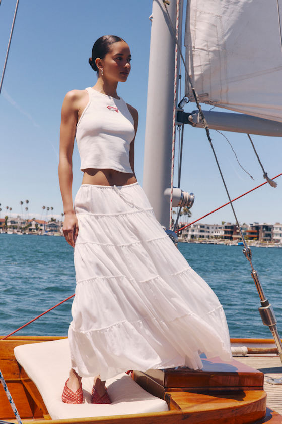 Relaxed Charm White Gauzy Tiered Drawstring Maxi Skirt
