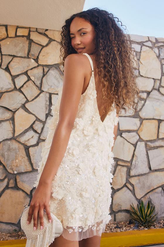 Jonesy Cream 3D Floral Sequin Mini Dress