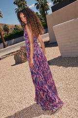 Evaluna Purple Abstract Print Lurex Pleated Maxi Dress