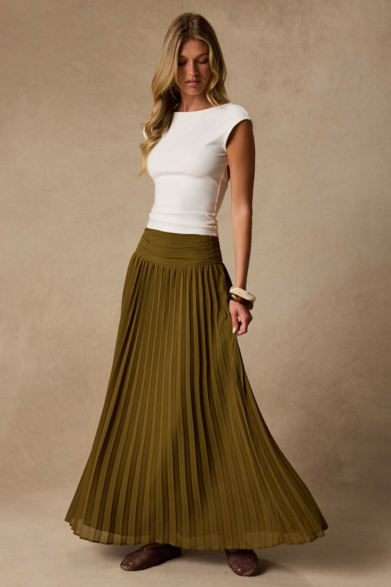 Liada Olive Pleated High-Waisted Maxi Skirt