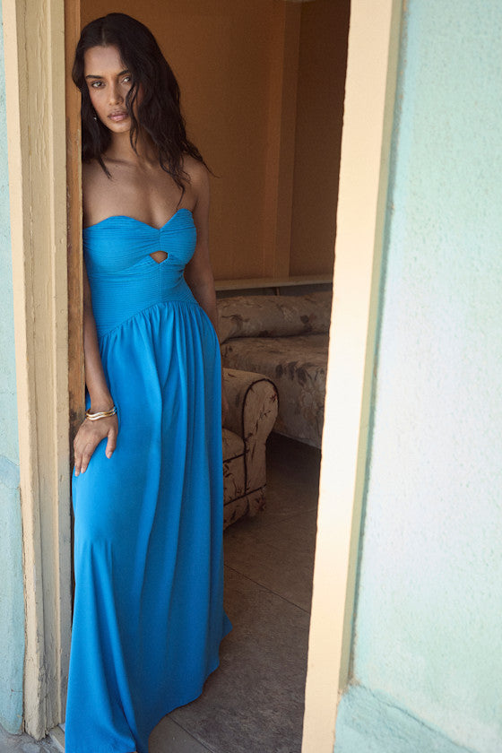 Rozala Bright Blue Pleated Strapless Maxi Dress