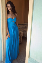 Rozala Bright Blue Pleated Strapless Maxi Dress