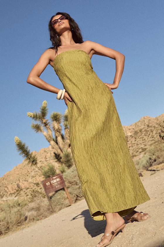 Radiant Season Olive Green Plisse Cutout Strapless Maxi Dress