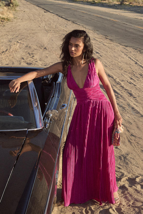 Evaluna Berry Pink Plisse Maxi Dress