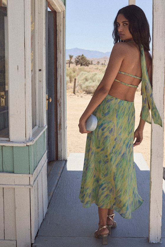 Reyes Green Multi Abstract Halter Midi Dress