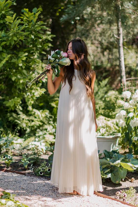 Naylani Cream Pleated Tie-Strap Maxi Dress