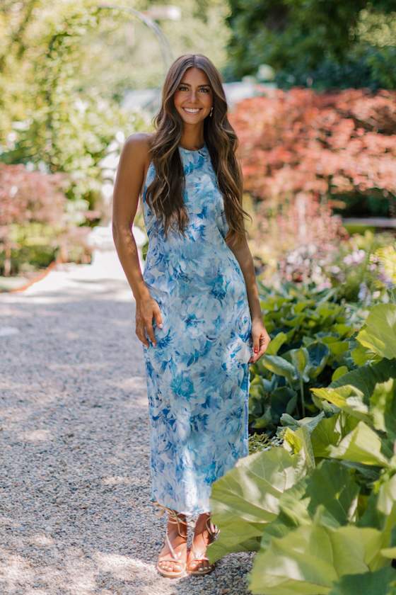 Neiva Blue and White Floral Backless Midi Dress