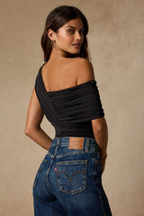 Rainey Black Jersey Knit Asymmetrical Bodysuit
