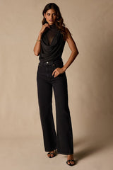 Salma Black Mesh Cowl Sleeveless Bodysuit