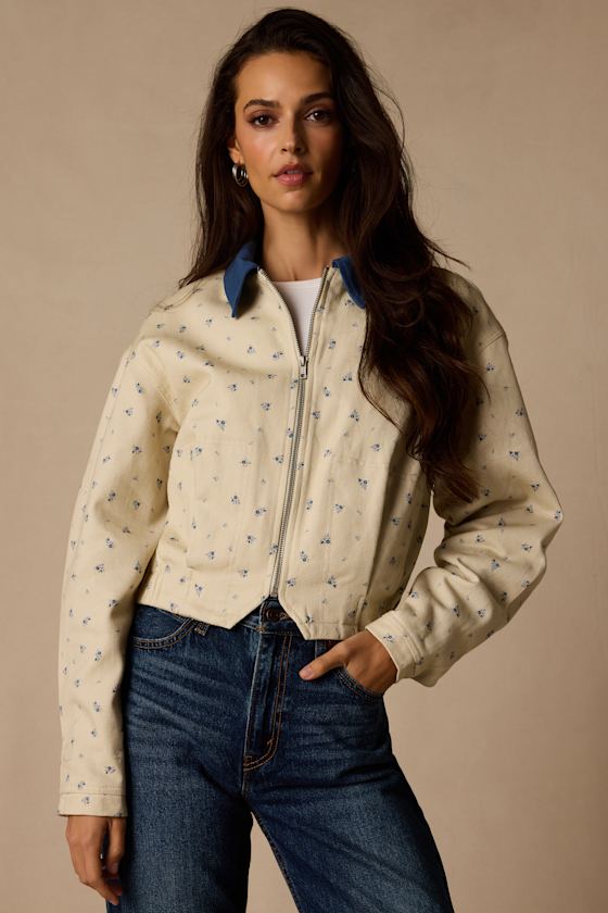 Pomelina Cream Floral Twill Collared Jacket