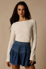 Maelis Ivory Ribbed Knit Long Sleeve Boat Neck Top