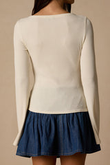 Maelis Ivory Ribbed Knit Long Sleeve Boat Neck Top