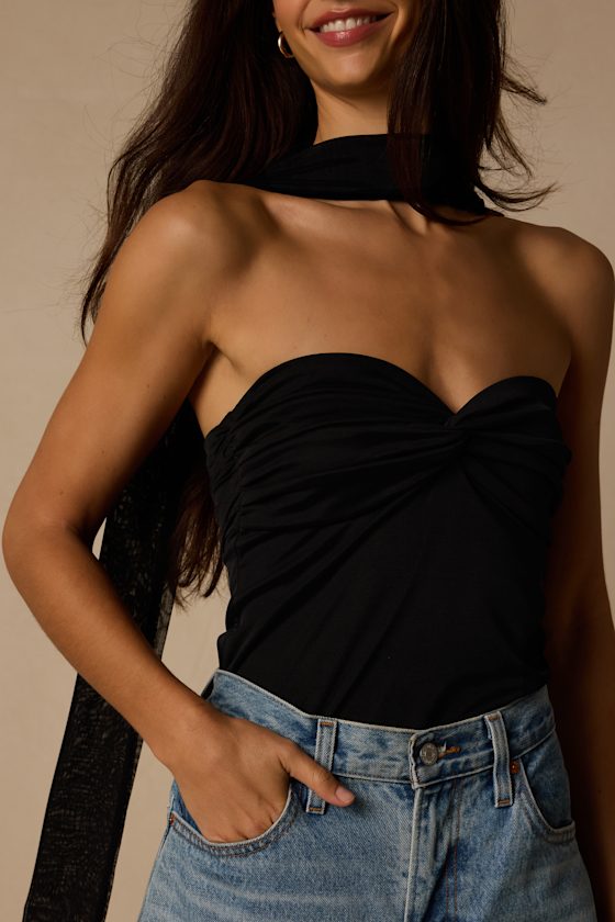 Genevieve Black Mesh Sash Scarf Strapless Top