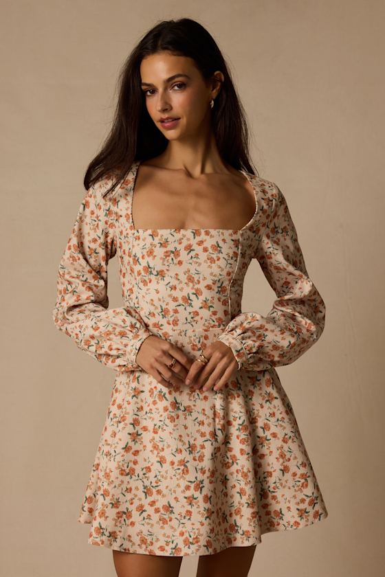 Daily Affection Cream Floral Corduroy Mini Dress With Pockets