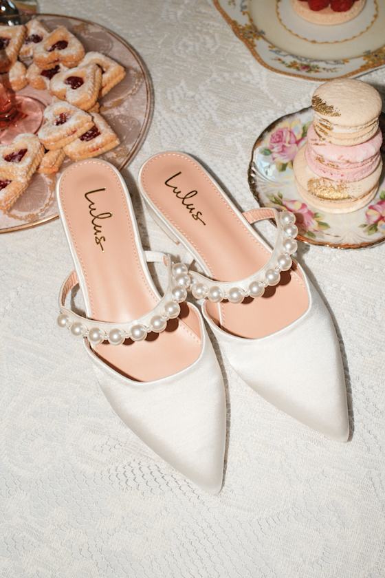 Hershie White Satin Pearl Pointed-Toe Mule Slides