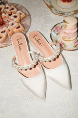 Hershie White Satin Pearl Pointed-Toe Mule Slides