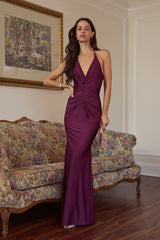 Zaniya Plum Ruched Halter Maxi Dress