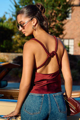 Ariel Maroon Satin Cowl Neck Tank Top