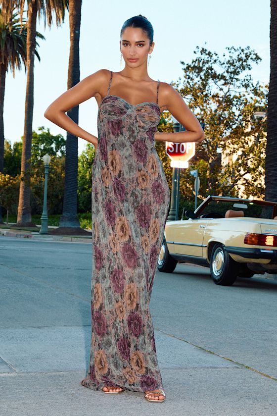 Kendlyn Taupe Multi Floral Plisse Maxi Dress