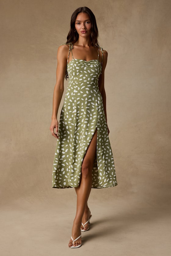 Party in Paris Sage Green Print Tie-Strap Midi Dress
