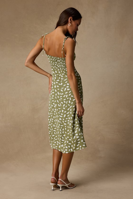 Party in Paris Sage Green Print Tie-Strap Midi Dress