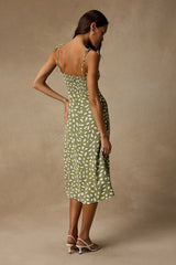 Party in Paris Sage Green Print Tie-Strap Midi Dress