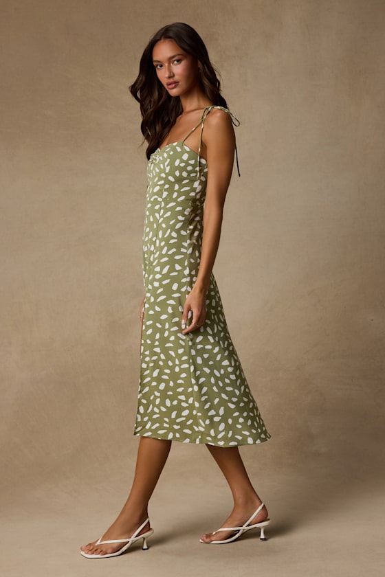 Party in Paris Sage Green Print Tie-Strap Midi Dress