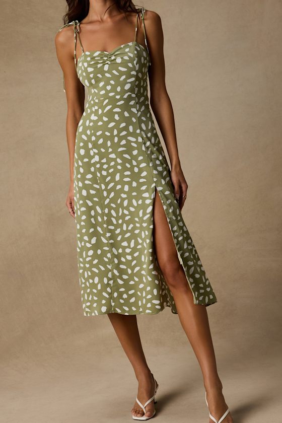 Party in Paris Sage Green Print Tie-Strap Midi Dress