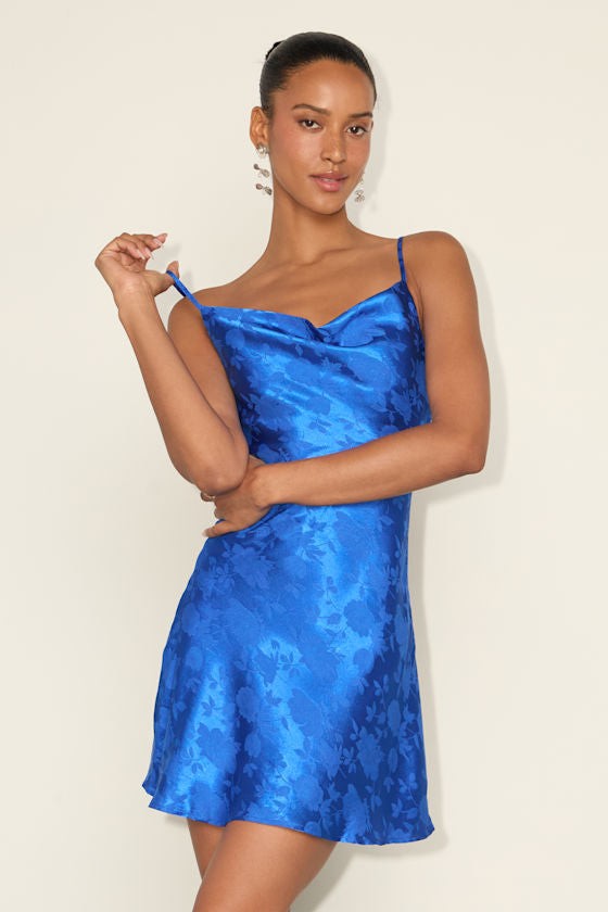 Close to Your Heart Royal Blue Satin Jacquard Cowl Slip Dress