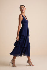 Celebration Time Navy Blue Sleeveless Tiered Midi Dress