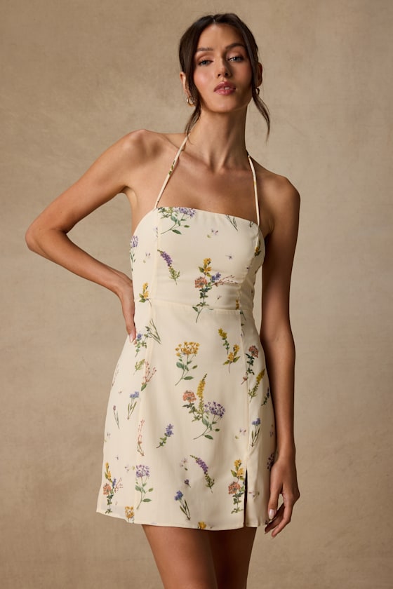 Catch the Bouquet Cream Floral Halter Lace-Up Mini Dress
