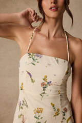 Catch the Bouquet Cream Floral Halter Lace-Up Mini Dress