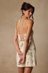Catch the Bouquet Cream Floral Halter Lace-Up Mini Dress