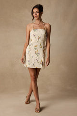 Catch the Bouquet Cream Floral Halter Lace-Up Mini Dress