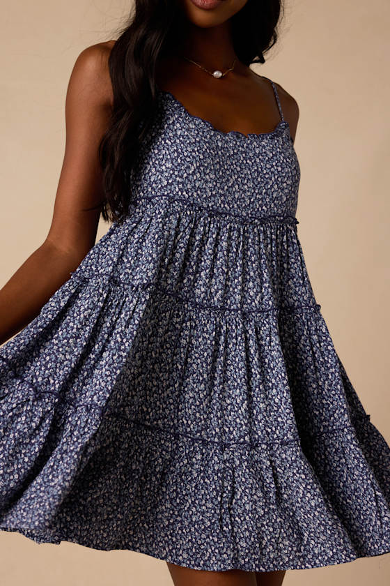 Sitting in the Sun Navy Blue Floral Print Ruffled Babydoll Dress