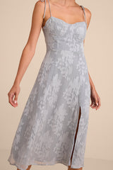 Loveliest Looks Dusty Blue Floral Jacquard Tie-Strap Midi Dress