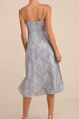 Loveliest Looks Dusty Blue Floral Jacquard Tie-Strap Midi Dress