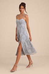 Loveliest Looks Dusty Blue Floral Jacquard Tie-Strap Midi Dress
