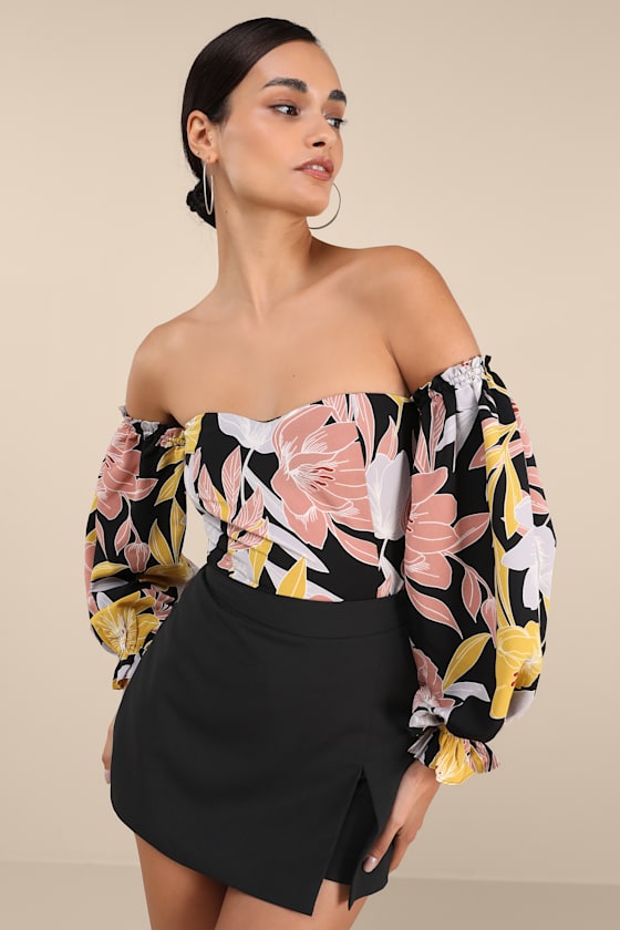 Bring the Blossom Black Floral Print Off-the-Shoulder Bodysuit