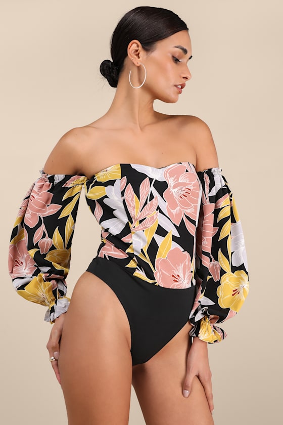 Bring the Blossom Black Floral Print Off-the-Shoulder Bodysuit