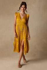 Cause to Celebrate Yellow and Gold Dot Ruffled Tiered Midi Dress