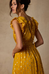 Cause to Celebrate Yellow and Gold Dot Ruffled Tiered Midi Dress