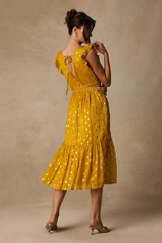 Cause to Celebrate Yellow and Gold Dot Ruffled Tiered Midi Dress