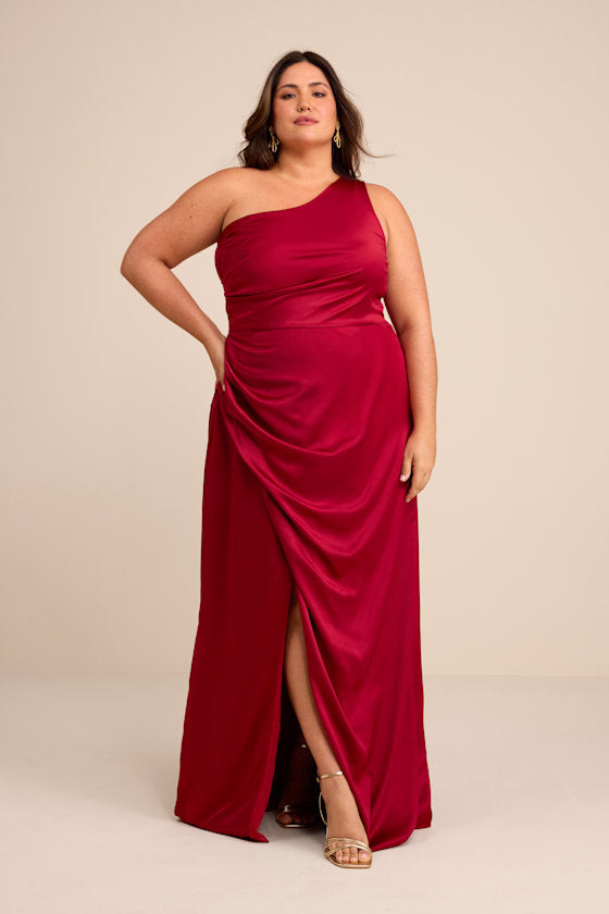 Dreaming of Elegance Wine Red Satin One-Shoulder Maxi Dress