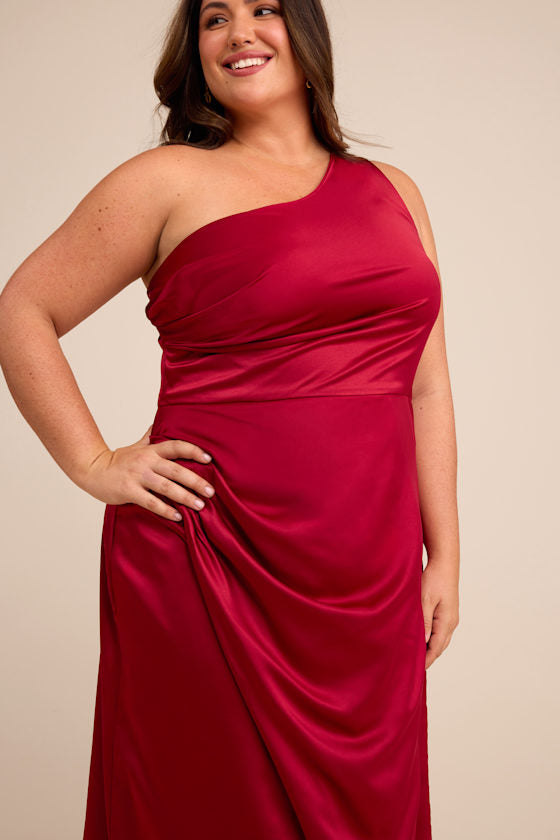Dreaming of Elegance Wine Red Satin One-Shoulder Maxi Dress