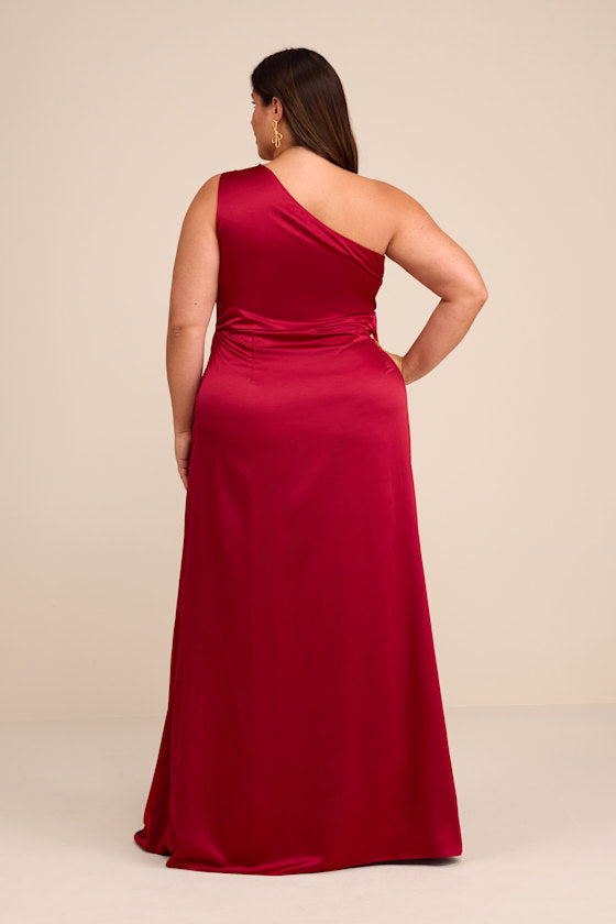 Dreaming of Elegance Wine Red Satin One-Shoulder Maxi Dress