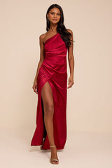 Dreaming of Elegance Wine Red Satin One-Shoulder Maxi Dress